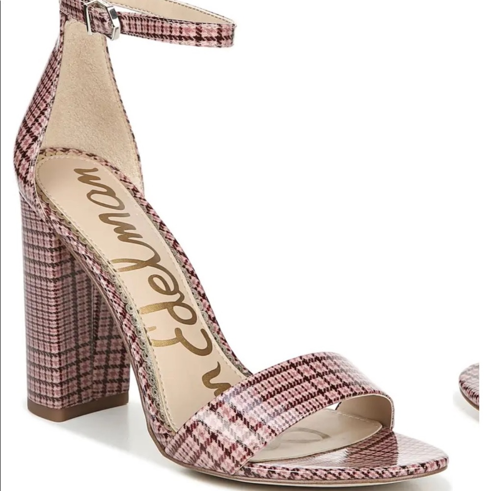 Sam Edelman sandal ankle strap with chunky heel Pink & black plaid Size 81/2 NIB